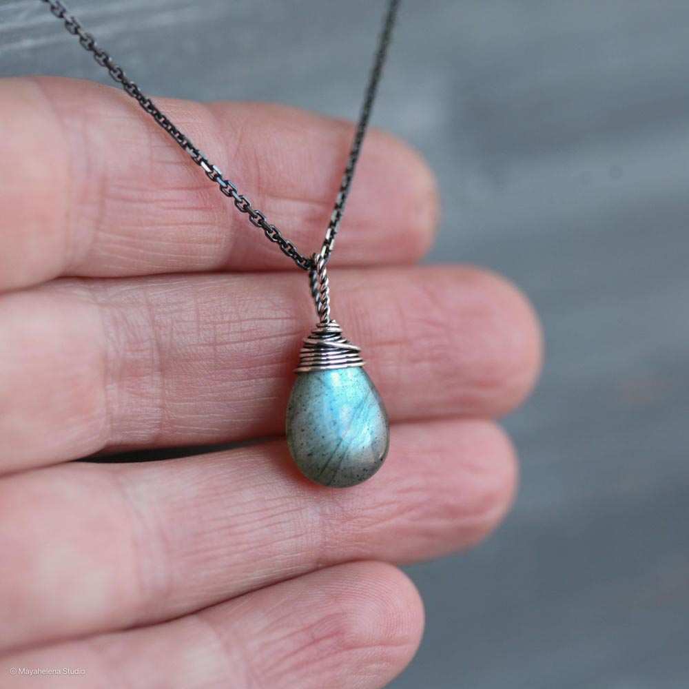 Labradorite Simple Solitaire Smooth Wire Wrapped Sterling Silver Necklace