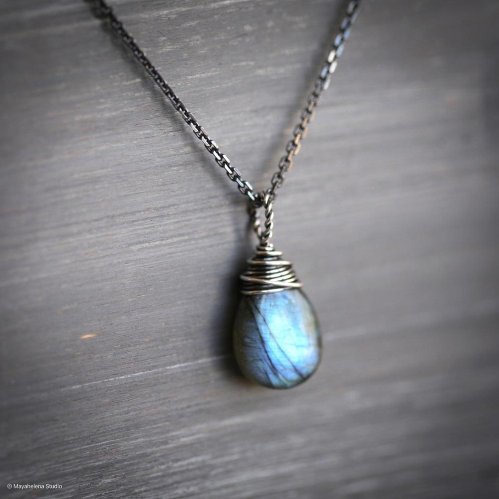 Labradorite Simple Solitaire Smooth Wire Wrapped Sterling Silver Necklace