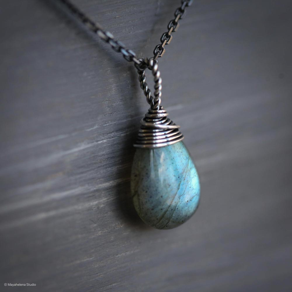 Labradorite Simple Solitaire Smooth Wire Wrapped Sterling Silver Necklace