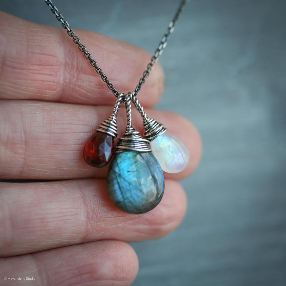 Blood Moon  -  Labradorite, Moonstone and Garnet Wire Wrapped Sterling Silver Necklace