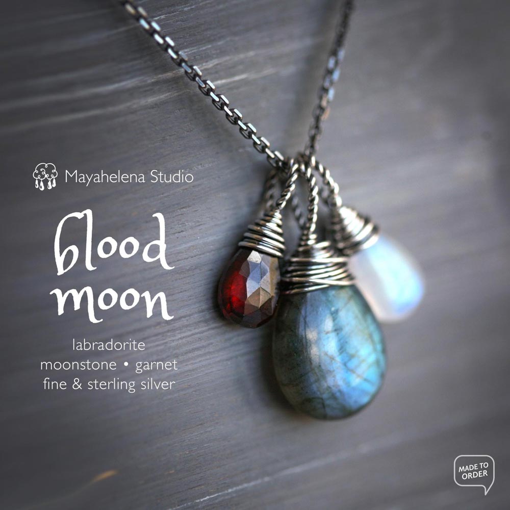 Blood Moon  -  Labradorite, Moonstone and Garnet Wire Wrapped Sterling Silver Necklace