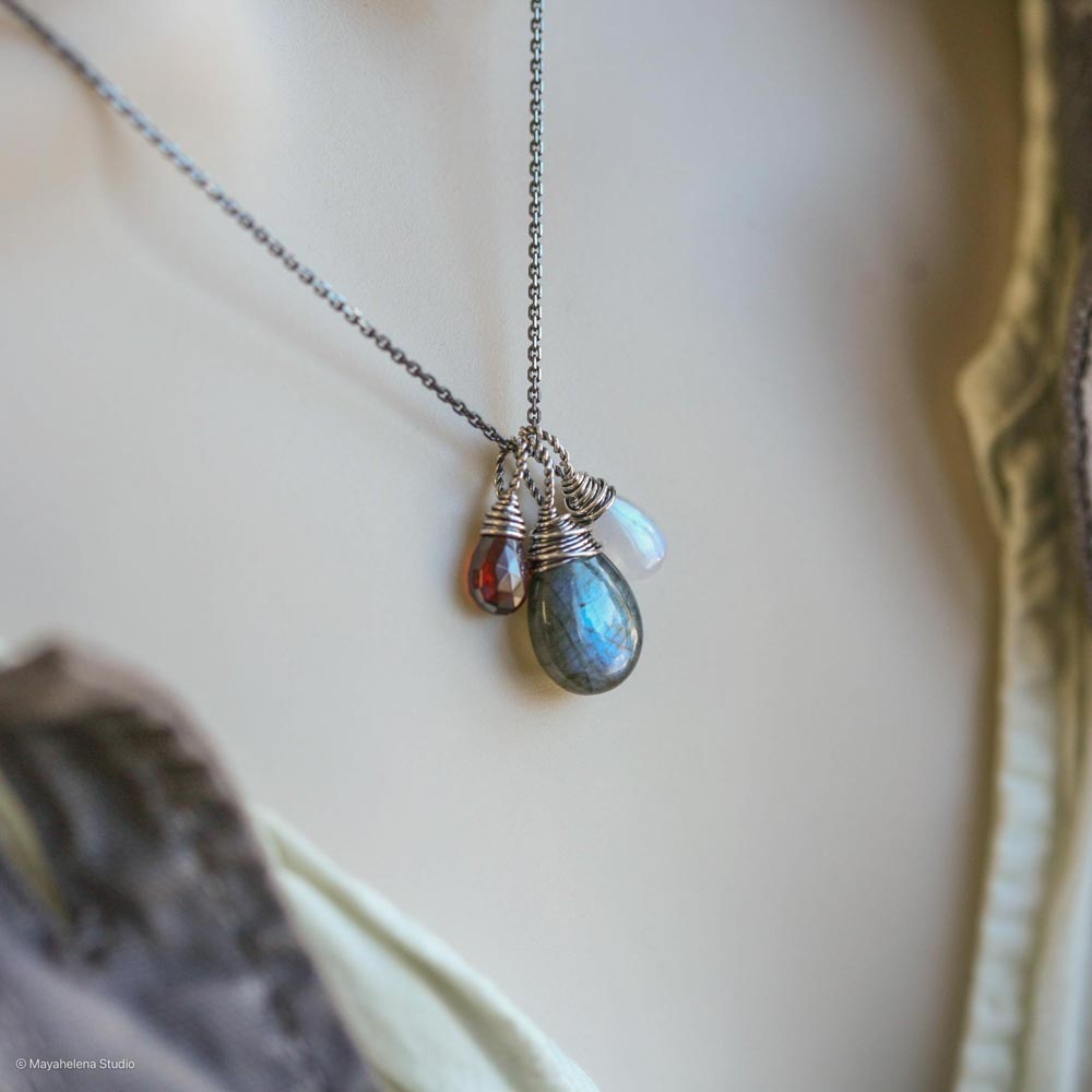 Blood Moon  -  Labradorite, Moonstone and Garnet Wire Wrapped Sterling Silver Necklace