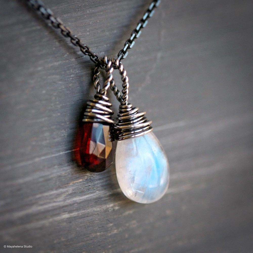 Blood Moon Rainbow Moonstone Red Garnet Sterling Silver Charm Necklace