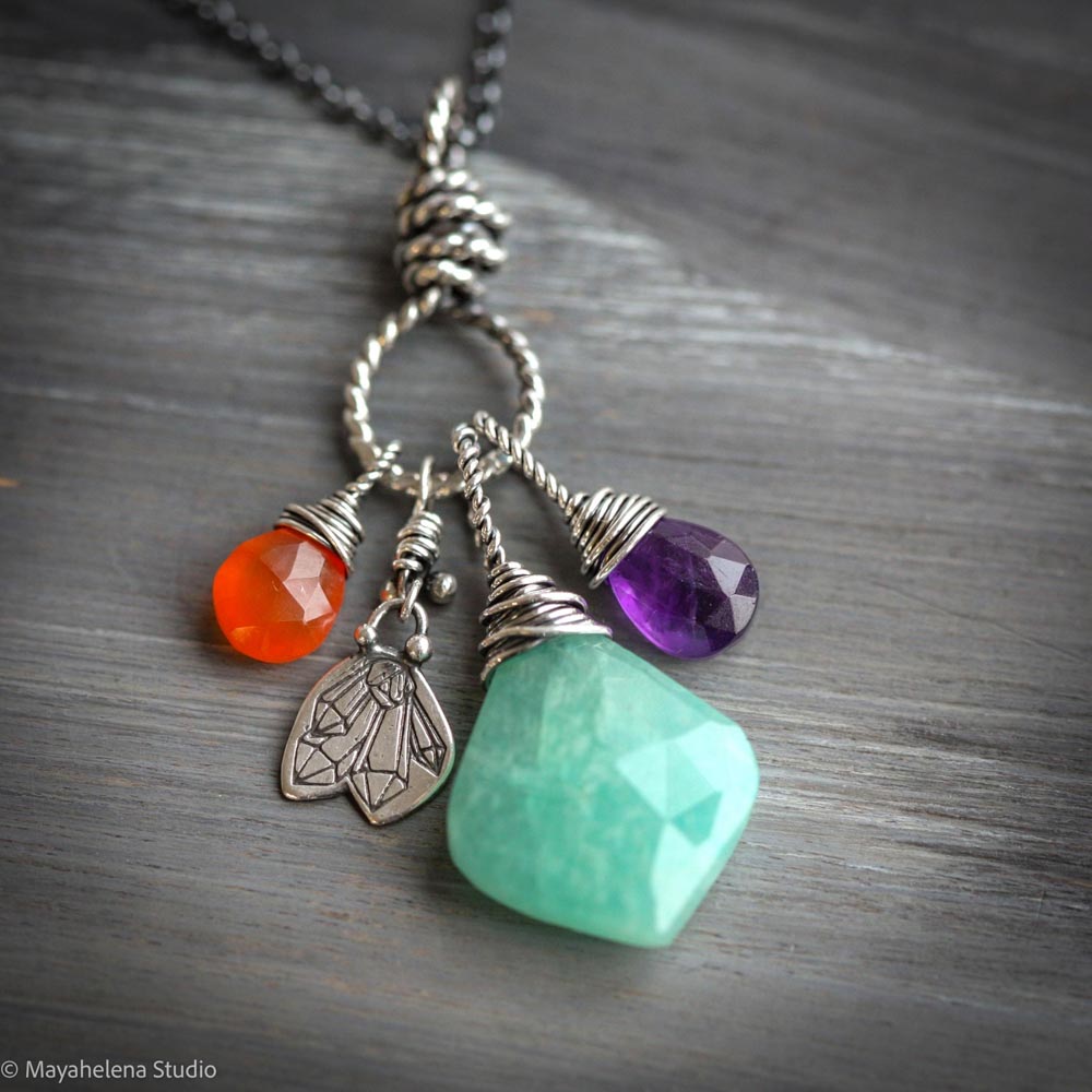 Rejuvenate - Amazonite Amethyst Carnelian Sterling Silver Charm Necklace Pendant
