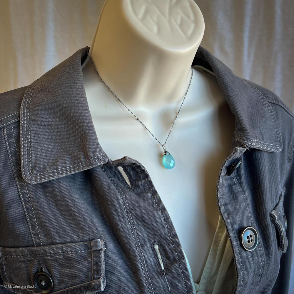 Sacred Light - Aqua Blue Chalcedony Briolette Wire Wrapped Sterling Silver Necklace