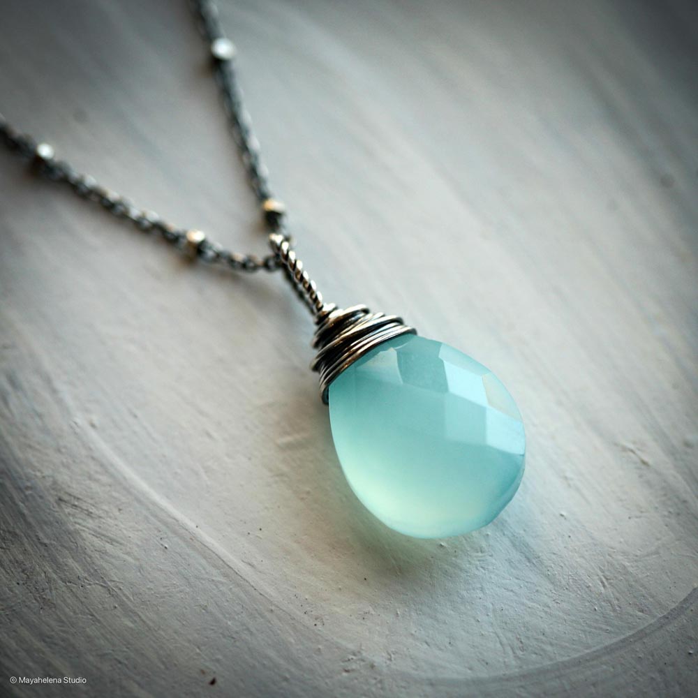 Sacred Light - Aqua Blue Chalcedony Briolette Wire Wrapped Sterling Silver Necklace