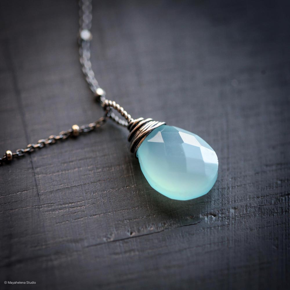 Sacred Light - Aqua Blue Chalcedony Briolette Wire Wrapped Sterling Silver Necklace