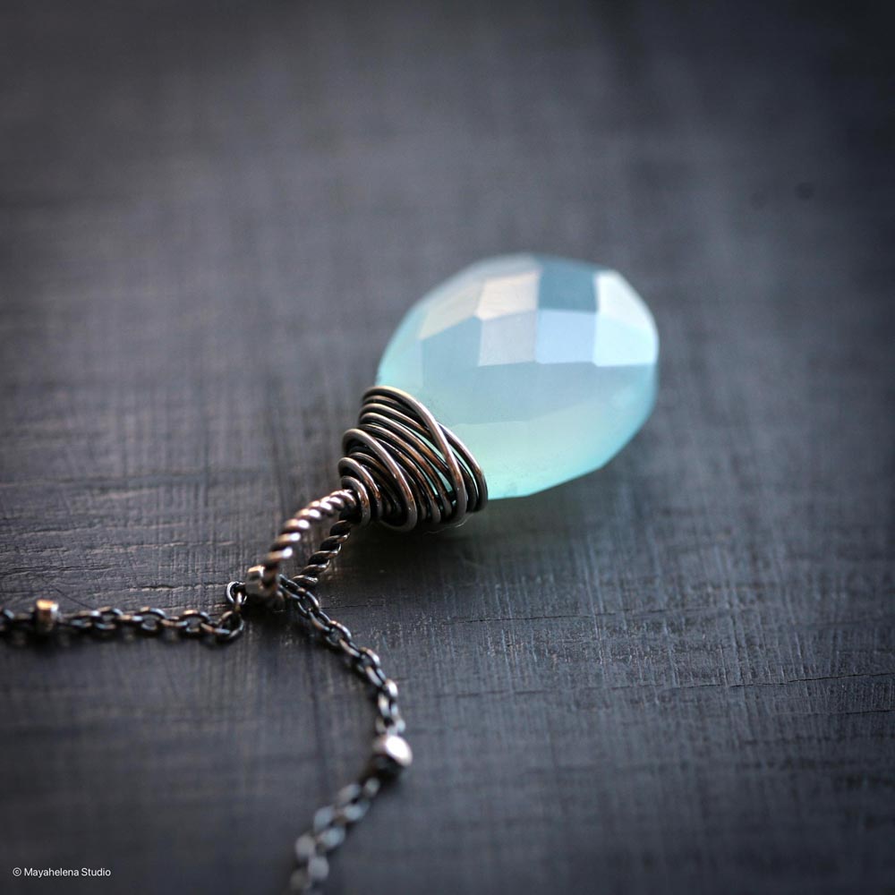 Sacred Light - Aqua Blue Chalcedony Briolette Wire Wrapped Sterling Silver Necklace