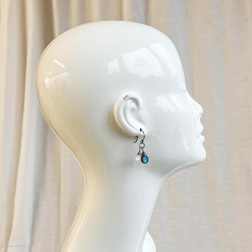 Dark Side of the Moon - Labradorite and Moonstone Wire Wrapped Sterling Silver Earrings