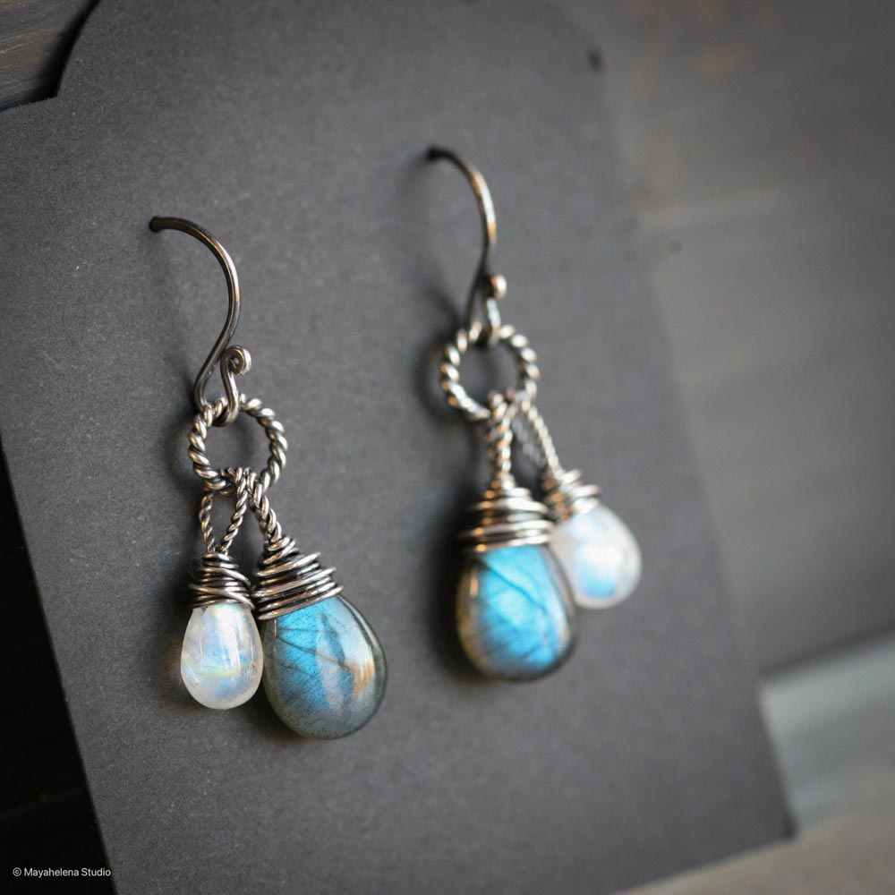 Dark Side of the Moon - Labradorite and Moonstone Wire Wrapped Sterling Silver Earrings