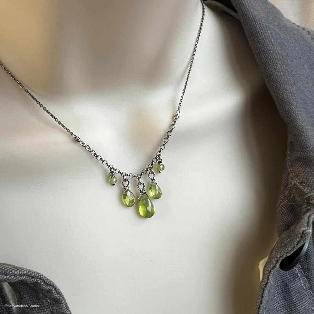 Summer Showers - Peridot Wire Wrapped Sterling Silver Necklace