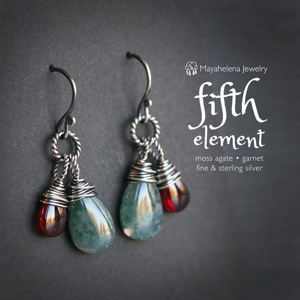Fifth Element - Moss Agate and Garnet Wire Wrapped Sterling Silver Earrings