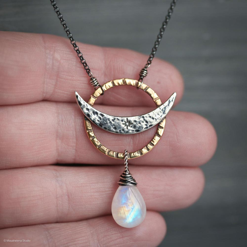 The Eclipse - Moonstone Brass and Sterling Silver Necklace