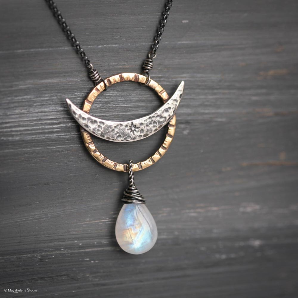 The Eclipse - Moonstone Brass and Sterling Silver Necklace