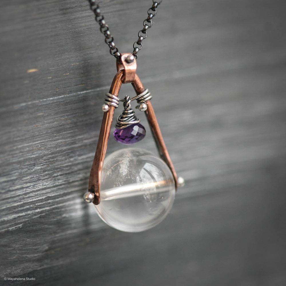 Orbuculum  - Rock Crystal and Amethyst Copper Sterling Silver Necklace