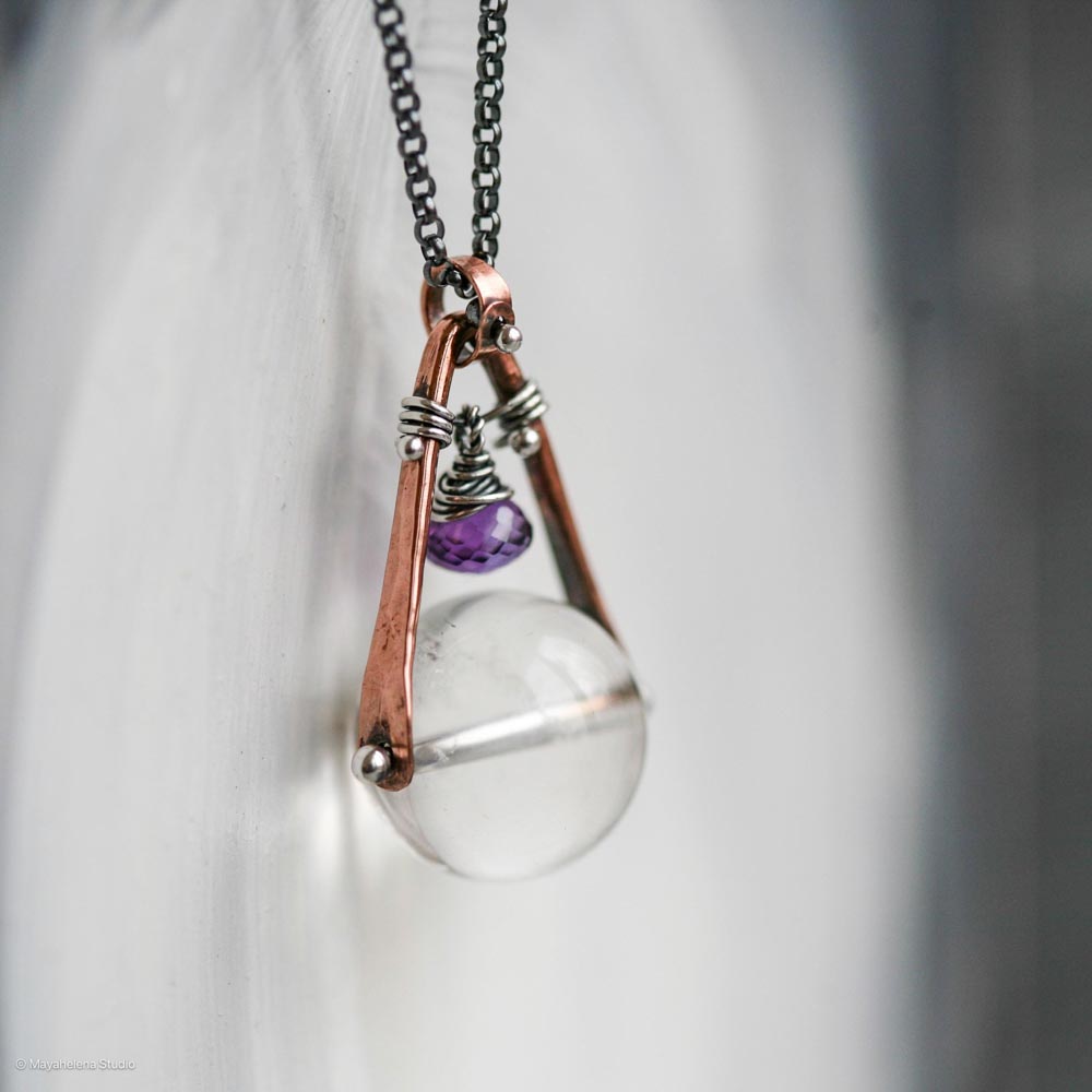 Orbuculum  - Rock Crystal and Amethyst Copper Sterling Silver Necklace