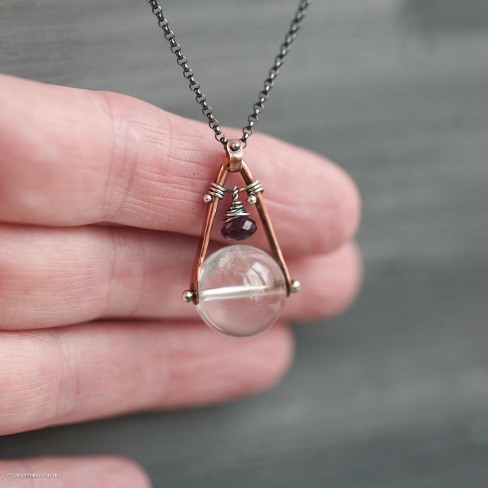 Orbuculum  - Rock Crystal and Amethyst Copper Sterling Silver Necklace