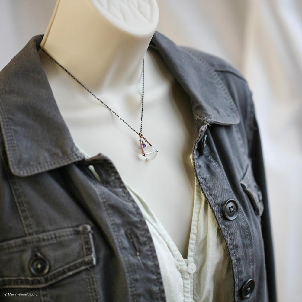 Orbuculum  - Rock Crystal and Amethyst Copper Sterling Silver Necklace