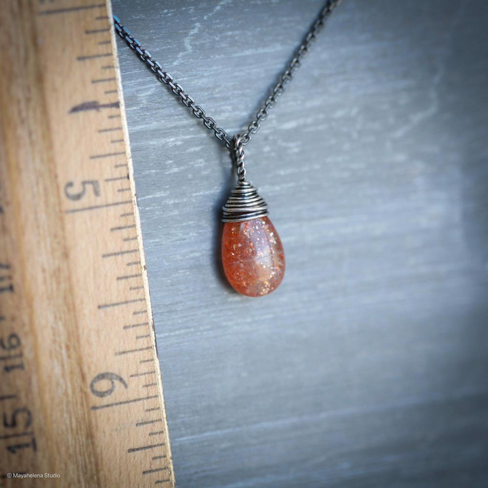 Sunstone Simple Solitaire Smooth Wire Wrapped Sterling Silver Necklace