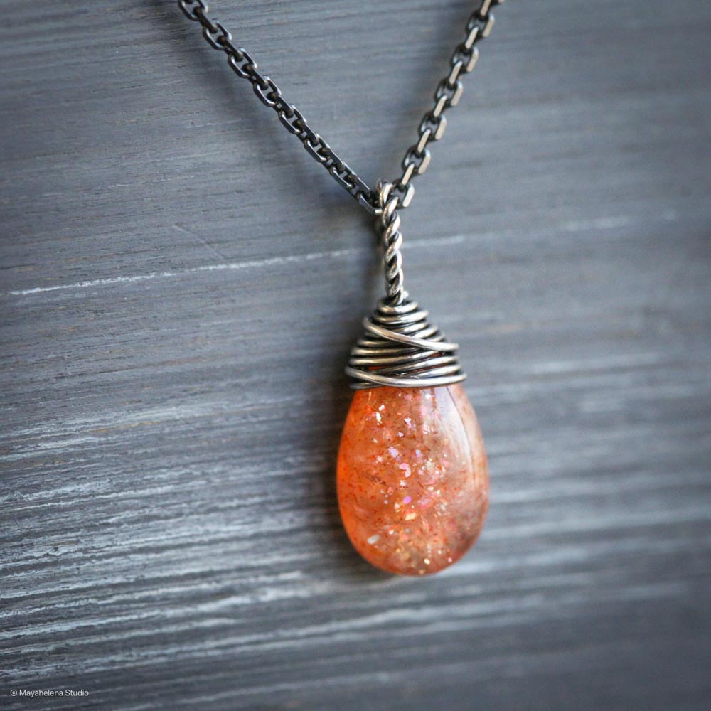 Sunstone Simple Solitaire Smooth Wire Wrapped Sterling Silver Necklace