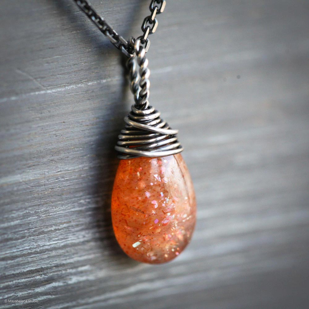 Sunstone Simple Solitaire Smooth Wire Wrapped Sterling Silver Necklace