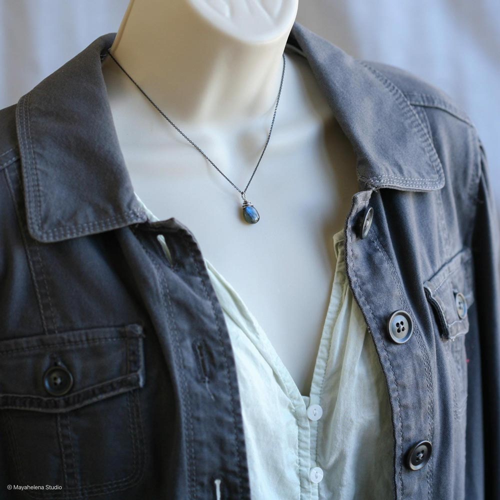 Labradorite Simple Solitaire Smooth Wire Wrapped Sterling Silver Necklace