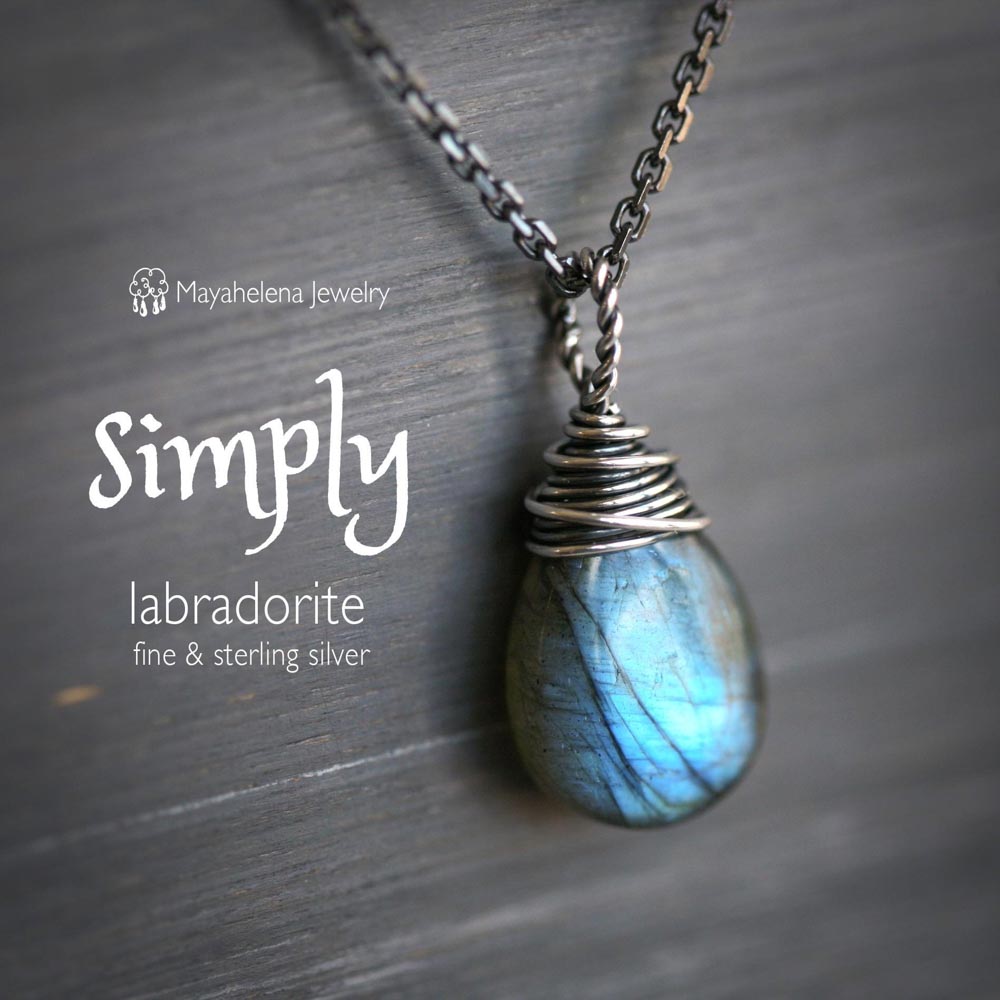 Labradorite Simple Solitaire Smooth Wire Wrapped Sterling Silver Necklace