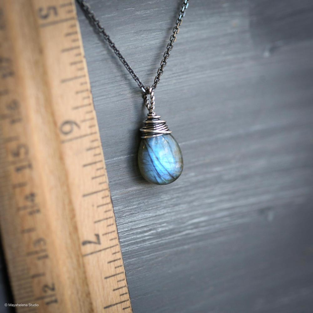 Labradorite Simple Solitaire Smooth Wire Wrapped Sterling Silver Necklace