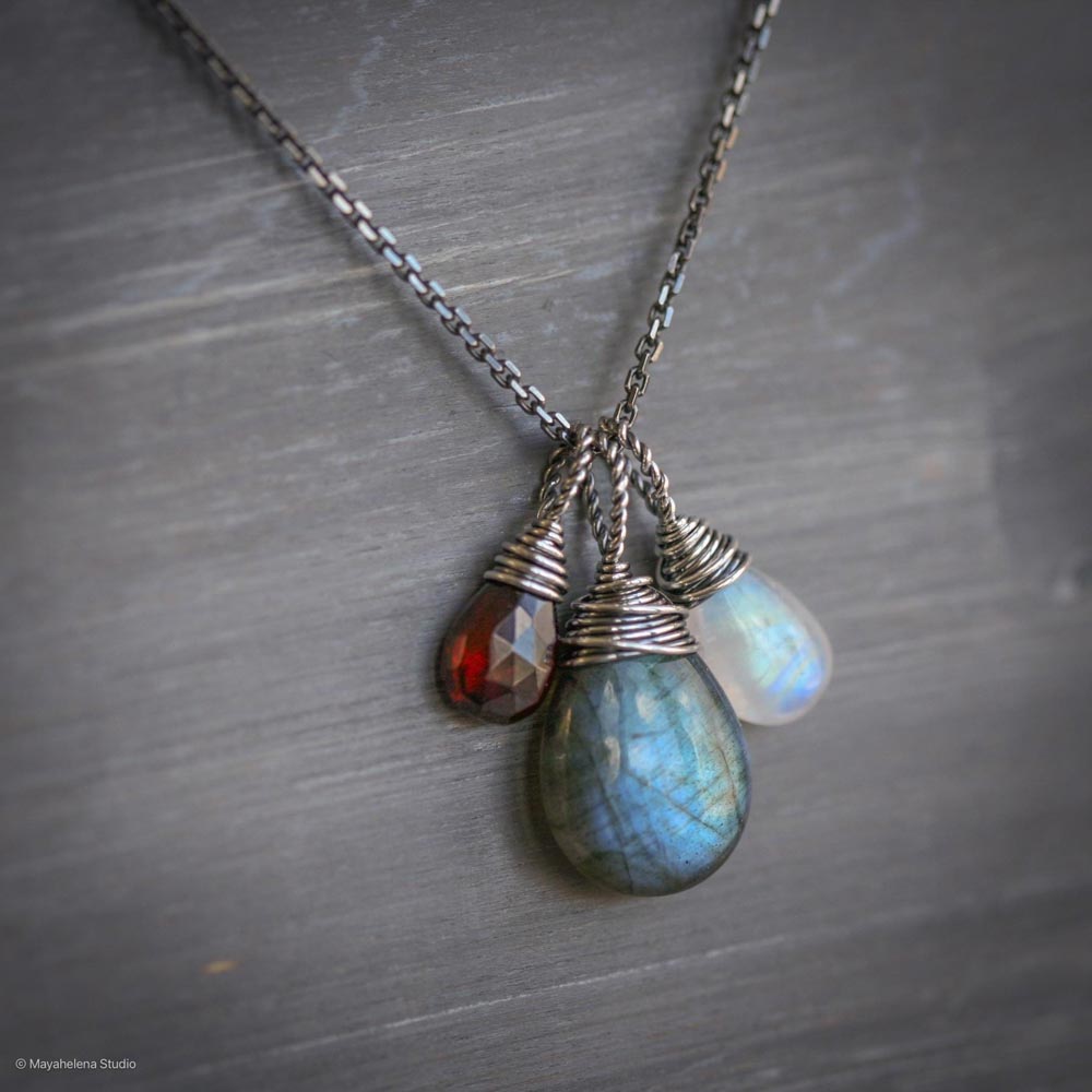 Blood Moon  -  Labradorite, Moonstone and Garnet Wire Wrapped Sterling Silver Necklace