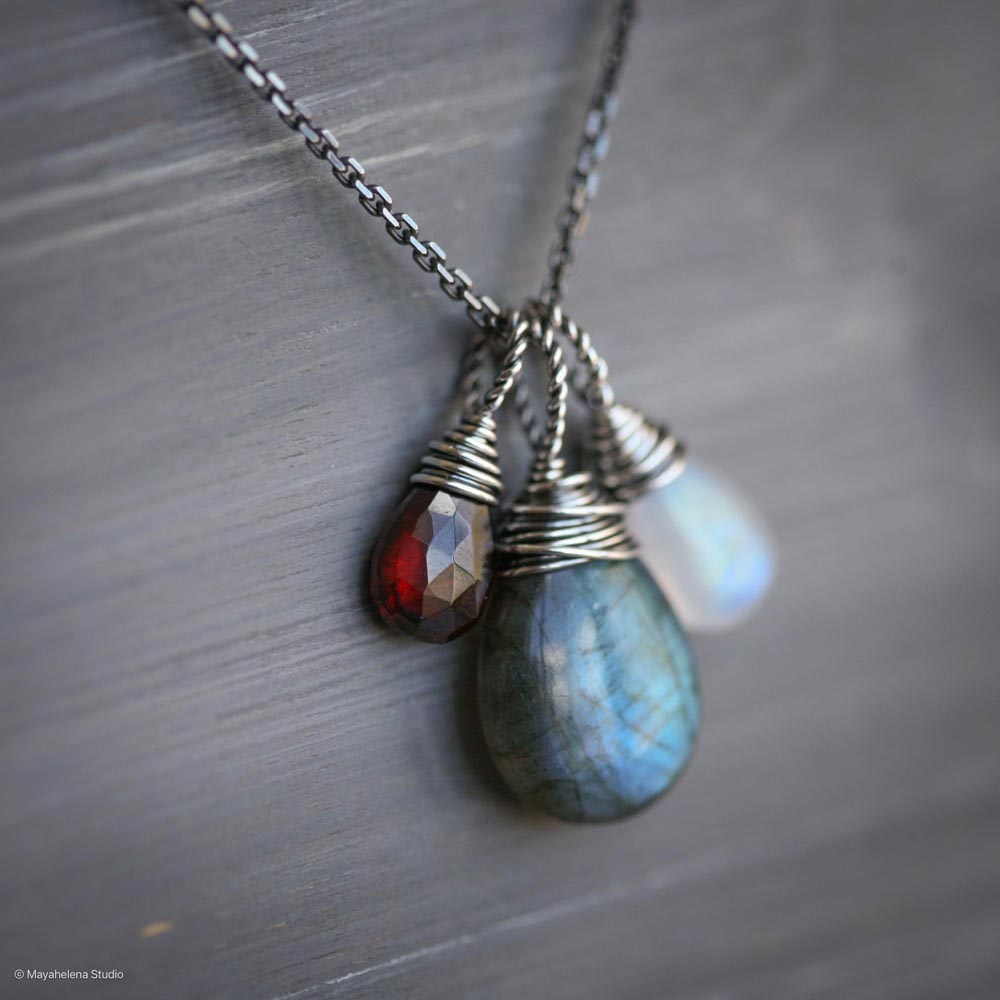 Blood Moon  -  Labradorite, Moonstone and Garnet Wire Wrapped Sterling Silver Necklace