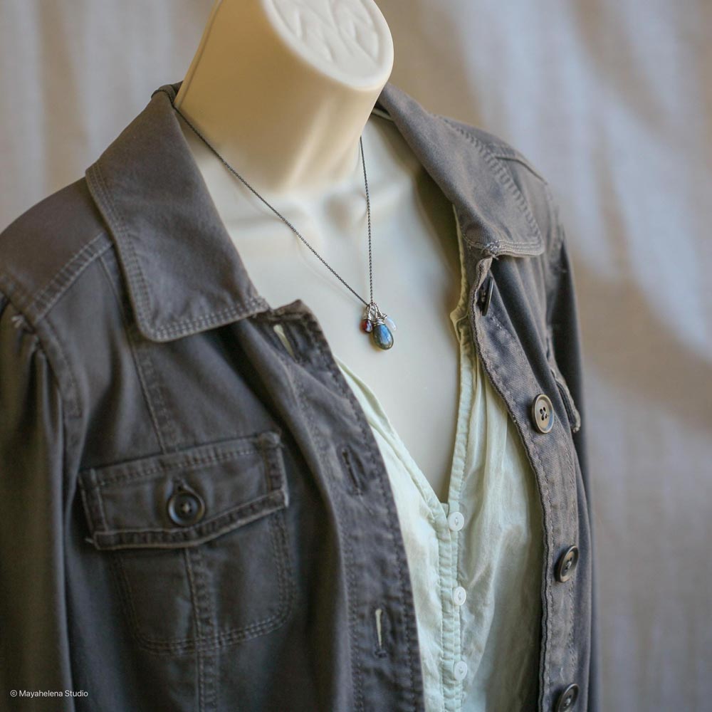 Blood Moon  -  Labradorite, Moonstone and Garnet Wire Wrapped Sterling Silver Necklace