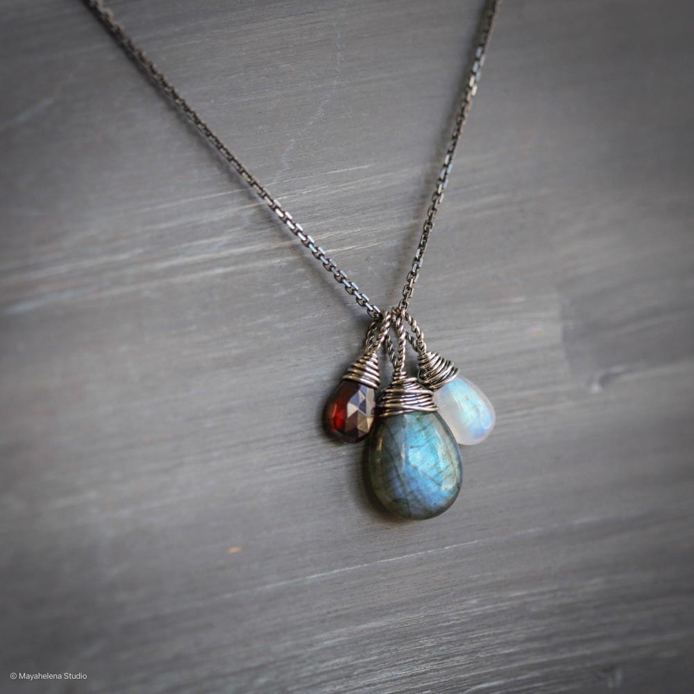 Blood Moon  -  Labradorite, Moonstone and Garnet Wire Wrapped Sterling Silver Necklace