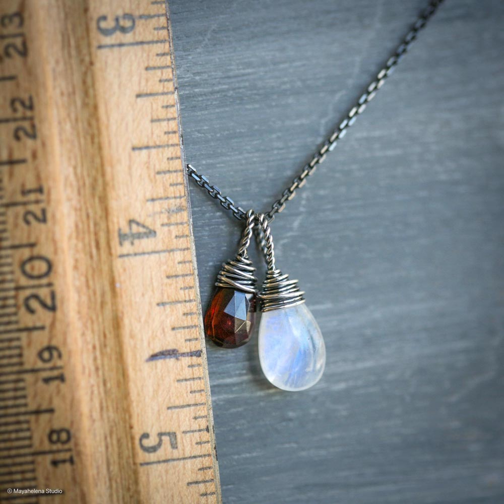 Blood Moon Rainbow Moonstone Red Garnet Sterling Silver Charm Necklace