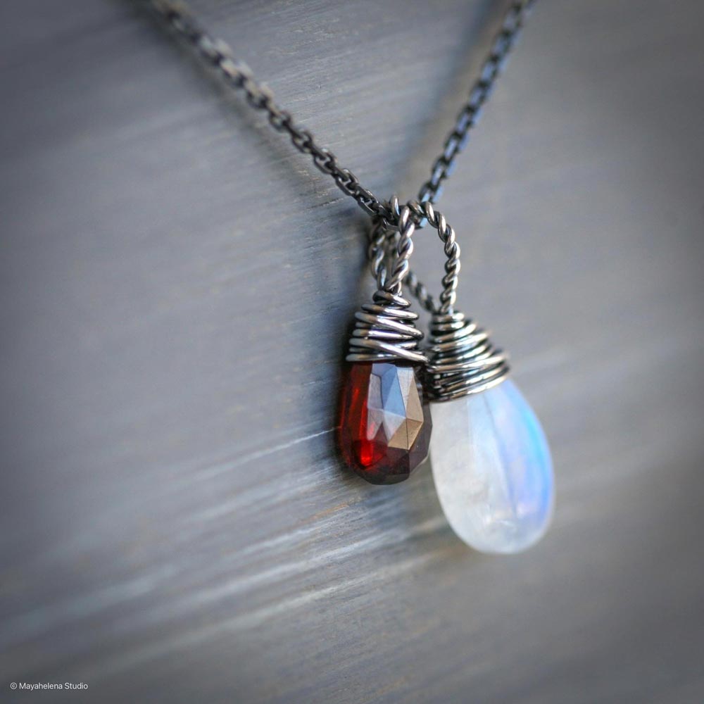 Blood Moon Rainbow Moonstone Red Garnet Sterling Silver Charm Necklace