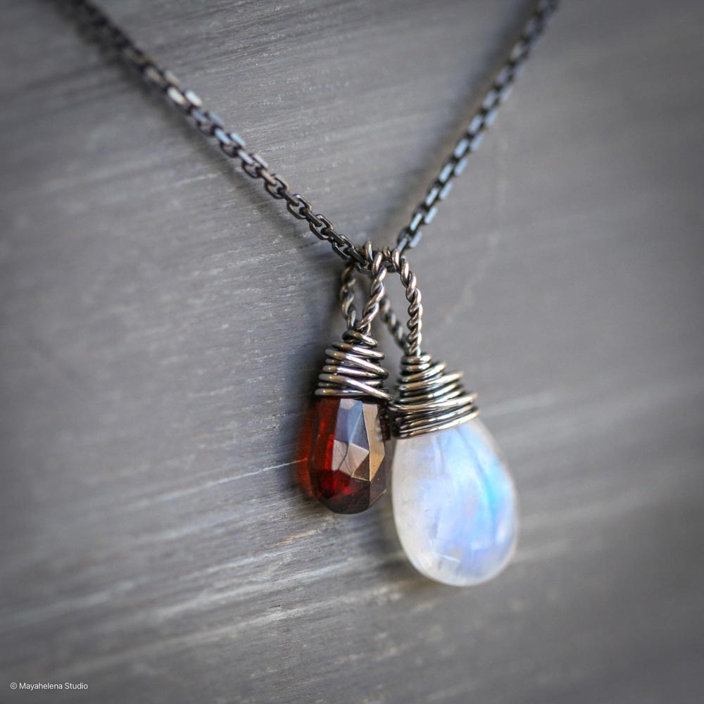 Blood Moon Rainbow Moonstone Red Garnet Sterling Silver Charm Necklace