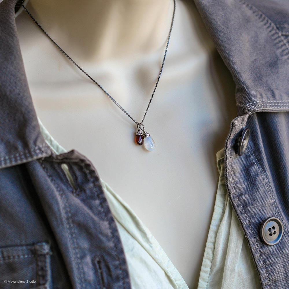 Blood Moon Rainbow Moonstone Red Garnet Sterling Silver Charm Necklace