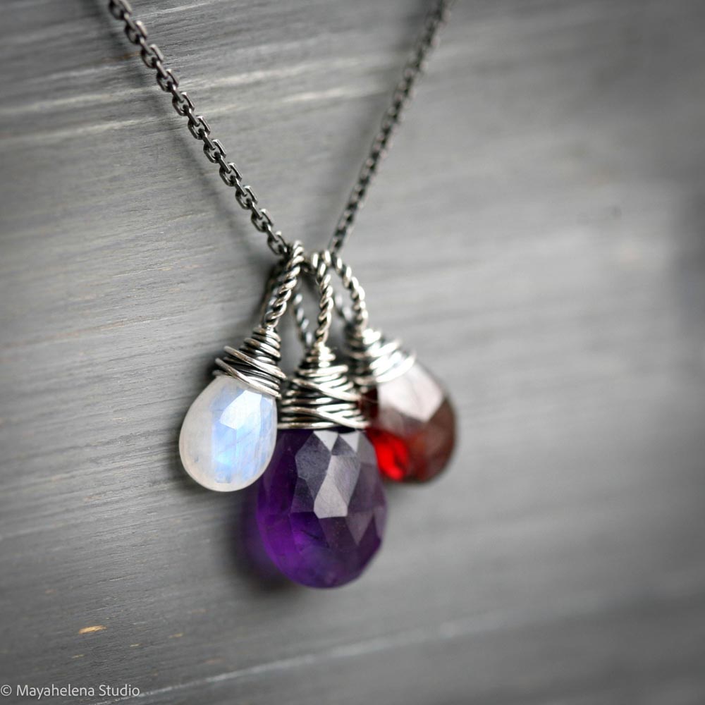 Loved Gemstone Trio - Amethyst Garnet and Moonstone Sterling Silver Wire Wrapped Necklace