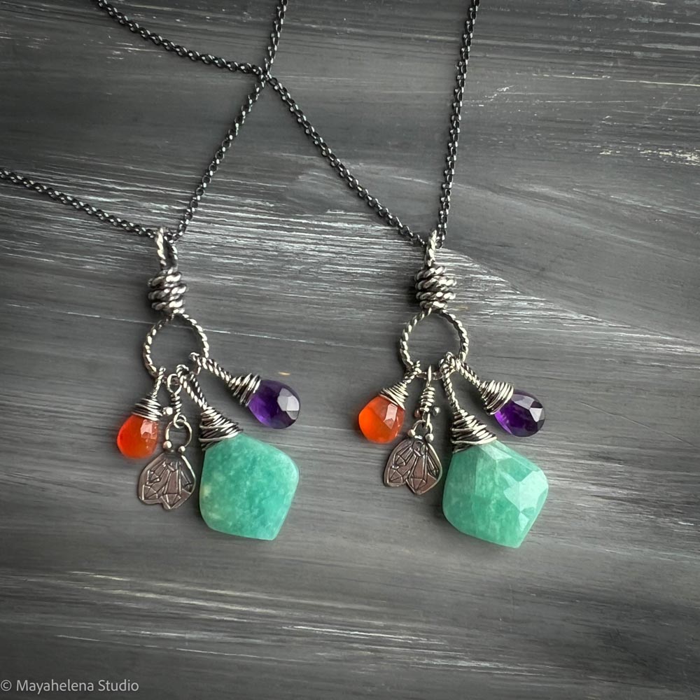 Rejuvenate - Amazonite Amethyst Carnelian Sterling Silver Charm Necklace Pendant
