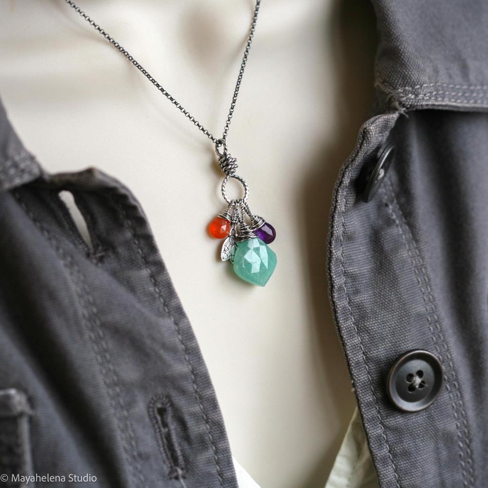 Rejuvenate - Amazonite Amethyst Carnelian Sterling Silver Charm Necklace Pendant