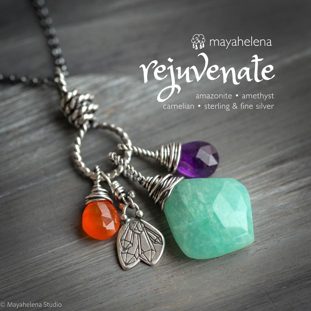 Rejuvenate - Amazonite Amethyst Carnelian Sterling Silver Charm Necklace Pendant