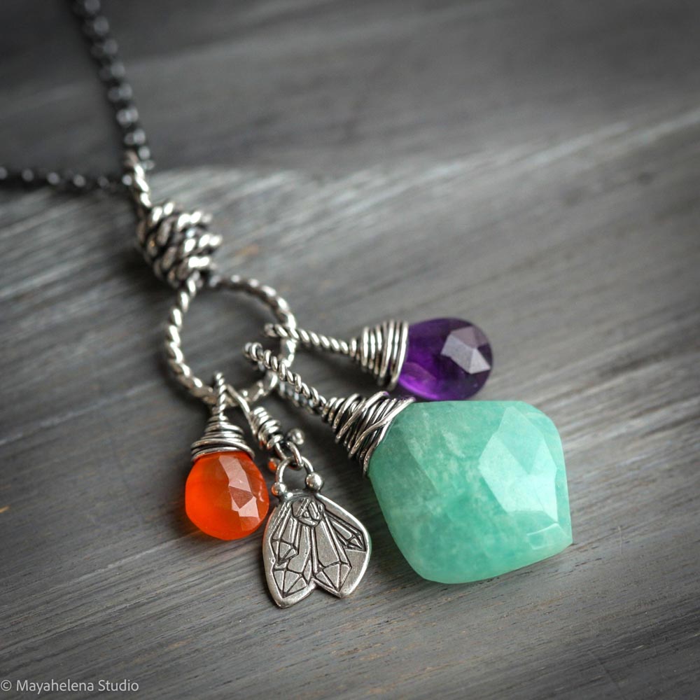 Rejuvenate - Amazonite Amethyst Carnelian Sterling Silver Charm Necklace Pendant