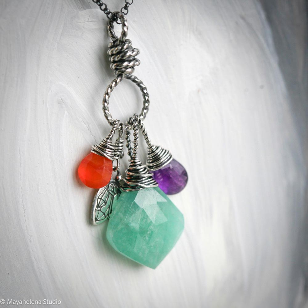 Rejuvenate - Amazonite Amethyst Carnelian Sterling Silver Charm Necklace Pendant
