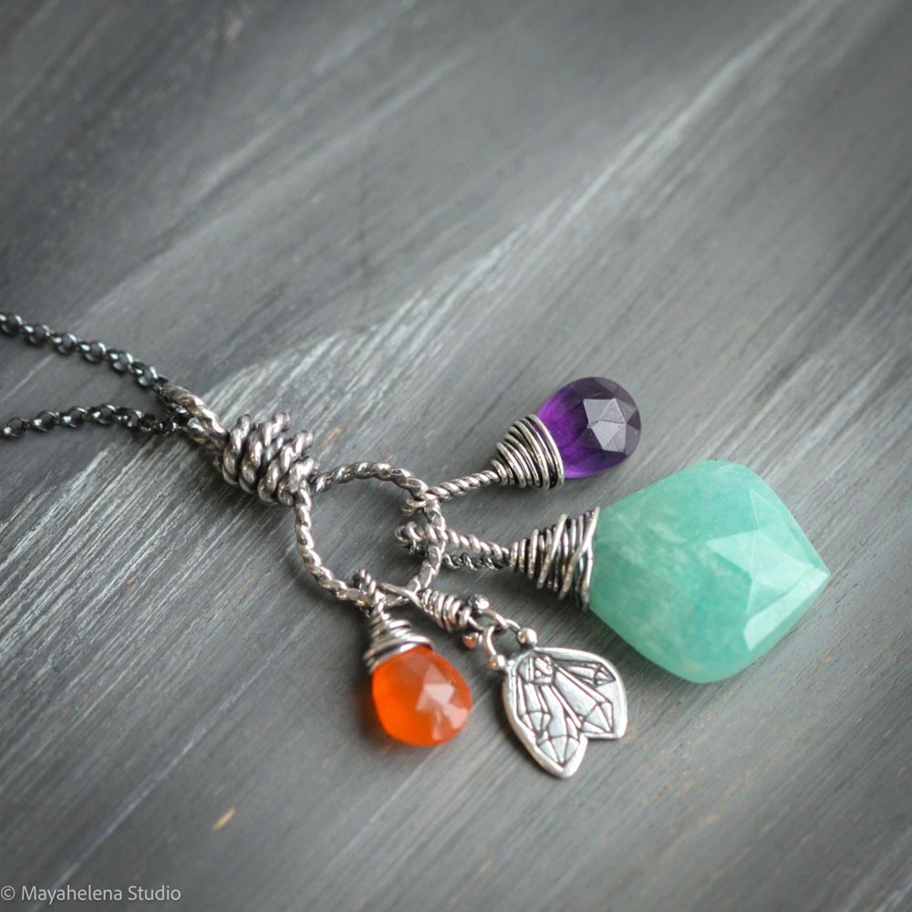 Rejuvenate - Amazonite Amethyst Carnelian Sterling Silver Charm Necklace Pendant
