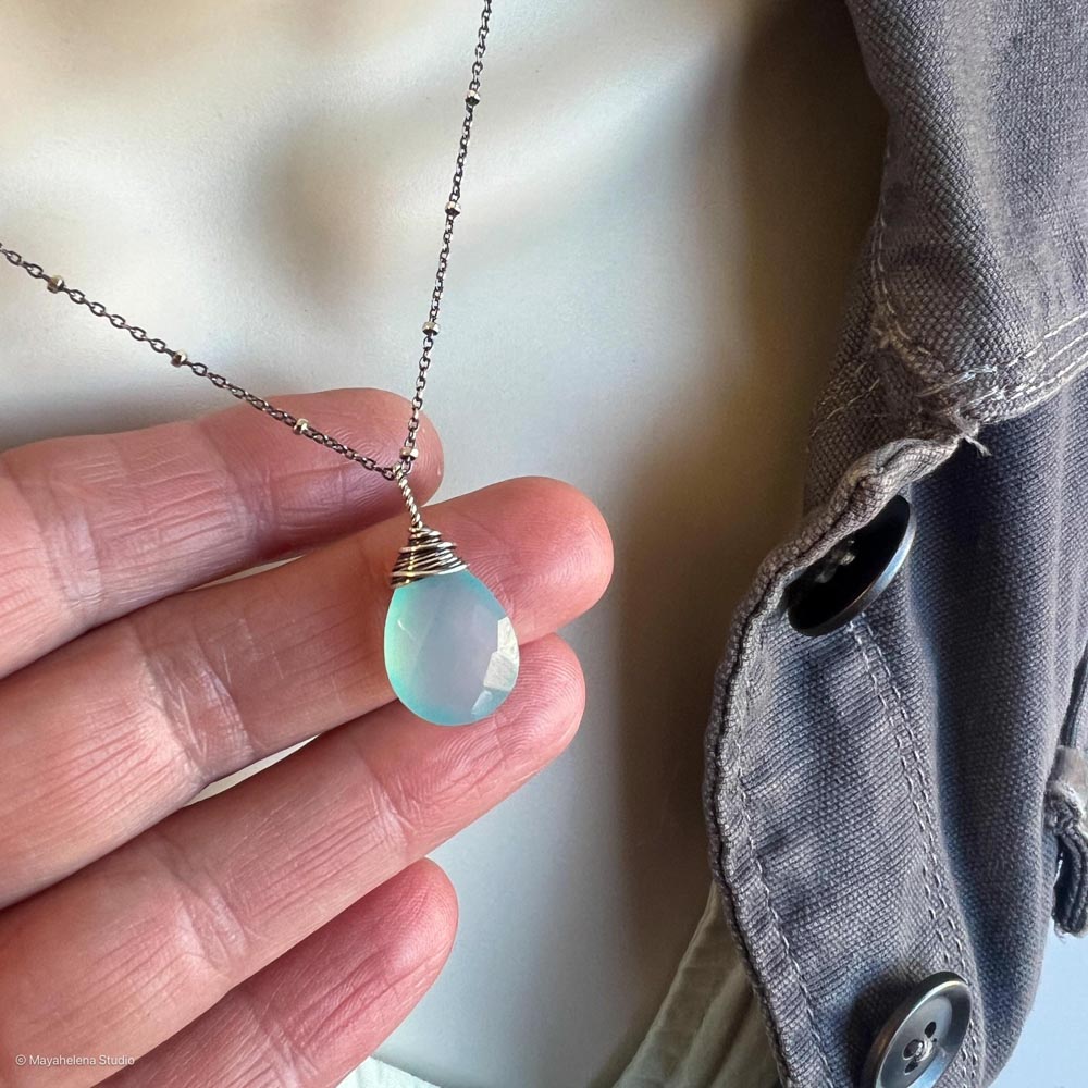 Sacred Light - Aqua Blue Chalcedony Briolette Wire Wrapped Sterling Silver Necklace