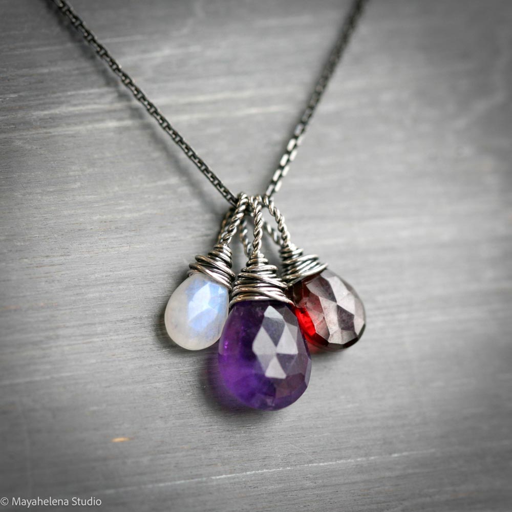 Loved Gemstone Trio - Amethyst Garnet and Moonstone Sterling Silver Wire Wrapped Necklace