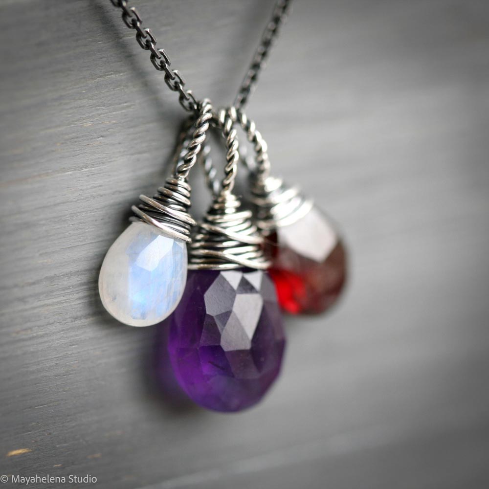 Loved Gemstone Trio - Amethyst Garnet and Moonstone Sterling Silver Wire Wrapped Necklace