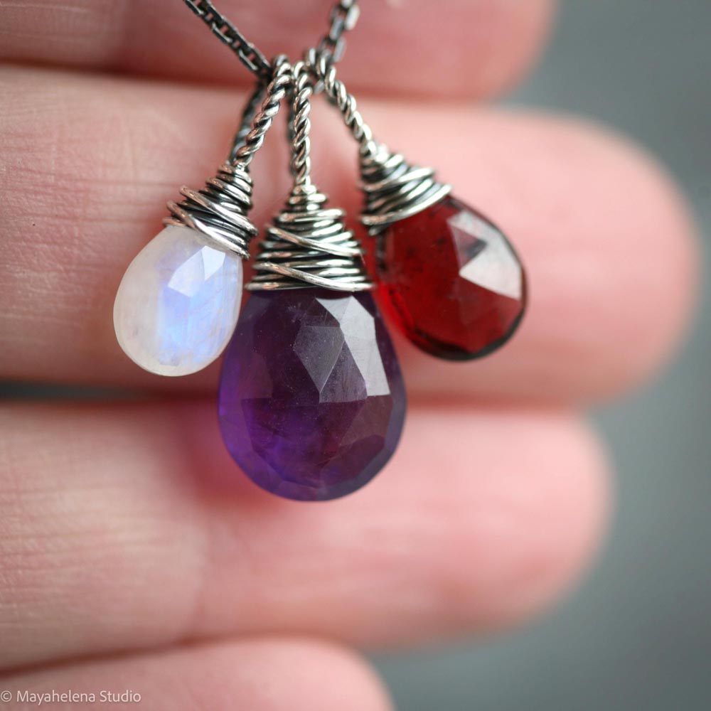 Loved Gemstone Trio - Amethyst Garnet and Moonstone Sterling Silver Wire Wrapped Necklace