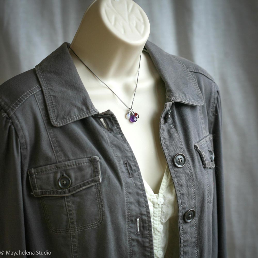 Loved Gemstone Trio - Amethyst Garnet and Moonstone Sterling Silver Wire Wrapped Necklace