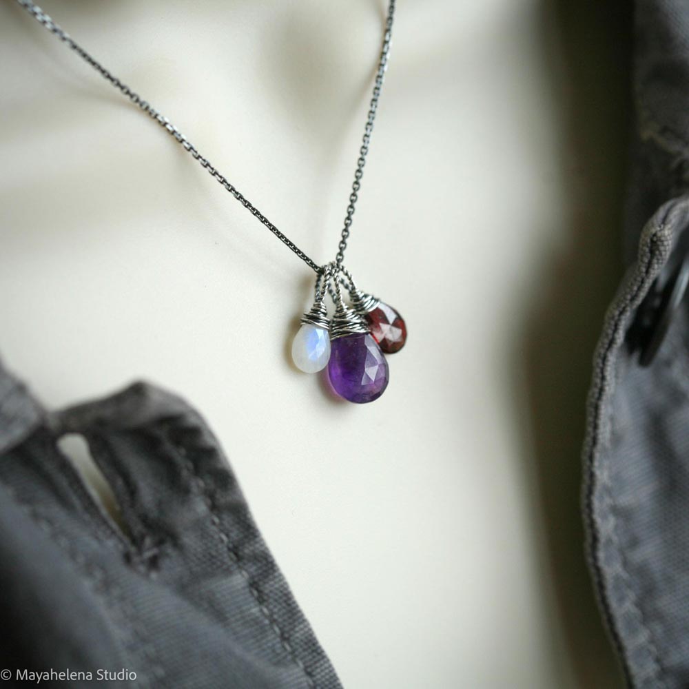 Loved Gemstone Trio - Amethyst Garnet and Moonstone Sterling Silver Wire Wrapped Necklace
