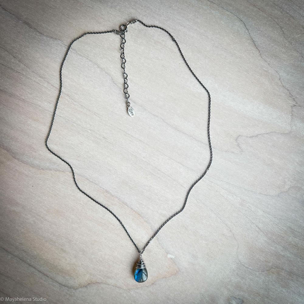 Labradorite Simple Solitaire Smooth Wire Wrapped Sterling Silver Necklace